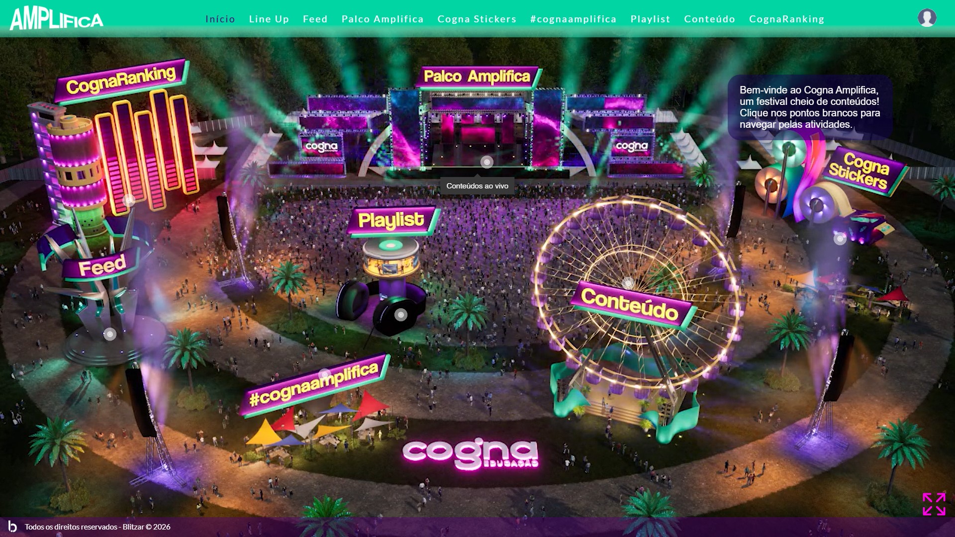 Ambiente de evento virtual em formato de festival, com palco ao vivo, feed, playlist, área de conteúdo e ranking sinalizados como espaços navegáveis